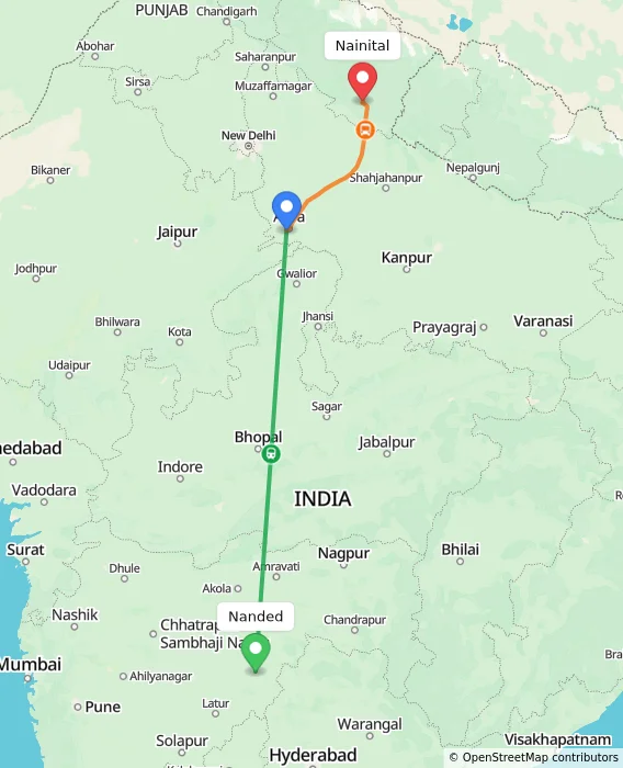 Route map showing distance and travel time from Nanded, India to Nainital, India