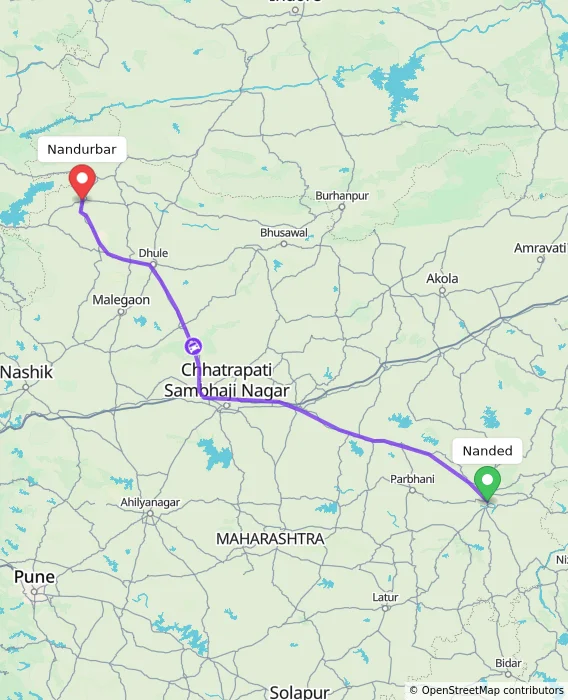 Route map showing distance and travel time from Nanded, India to Nandurbar, India