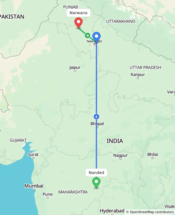 Route map showing distance and travel time from Nanded, India to Narwana, India