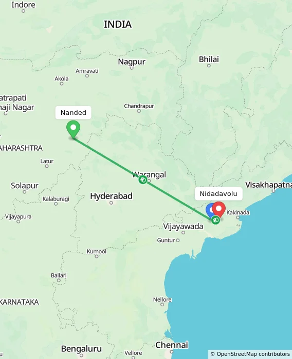 Route map showing distance and travel time from Nanded, India to Nidadavolu, India
