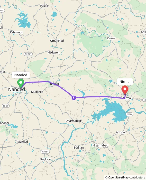 Route map showing distance and travel time from Nanded, India to Nirmal, India