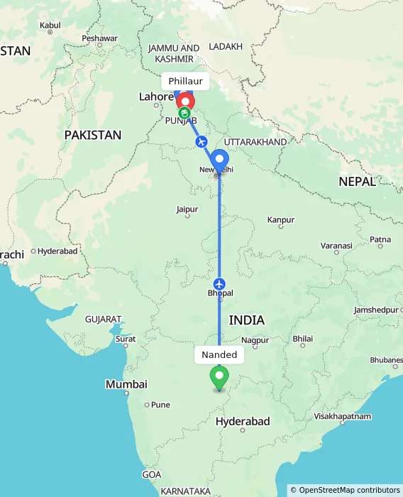 Route map showing distance and travel time from Nanded, India to Phillaur, India