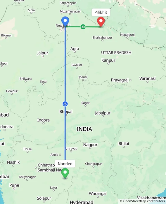 Route map showing distance and travel time from Nanded, India to Pilibhit, India