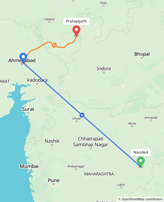 Route map showing distance and travel time from Nanded, India to Pratapgarh, India