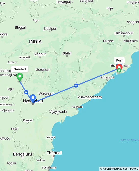 Route map showing distance and travel time from Nanded, India to Puri, India