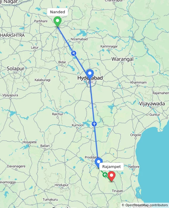 Route map showing distance and travel time from Nanded, India to Rajampet, India