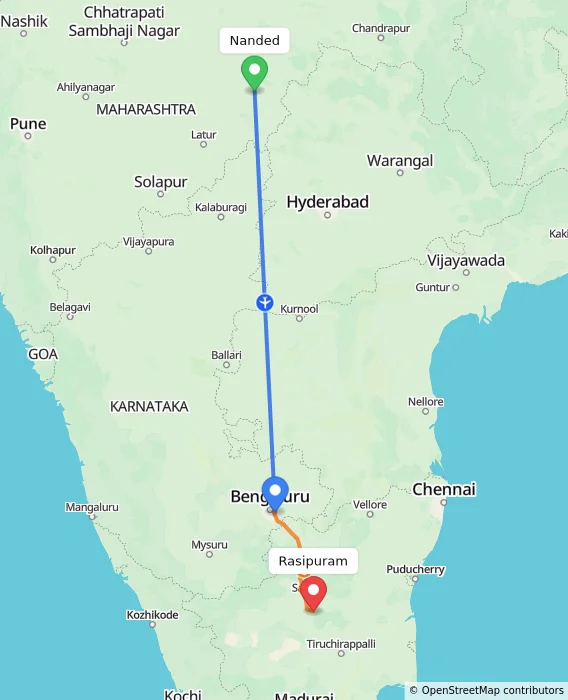 Route map showing distance and travel time from Nanded, India to Rasipuram, India
