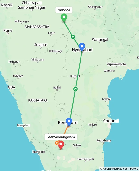 Route map showing distance and travel time from Nanded, India to Sathyamangalam, India