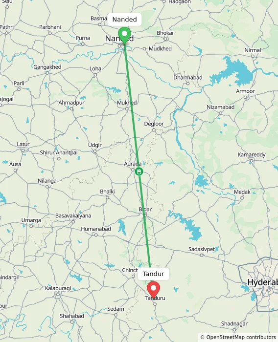 Route map showing distance and travel time from Nanded, India to Tandur, India