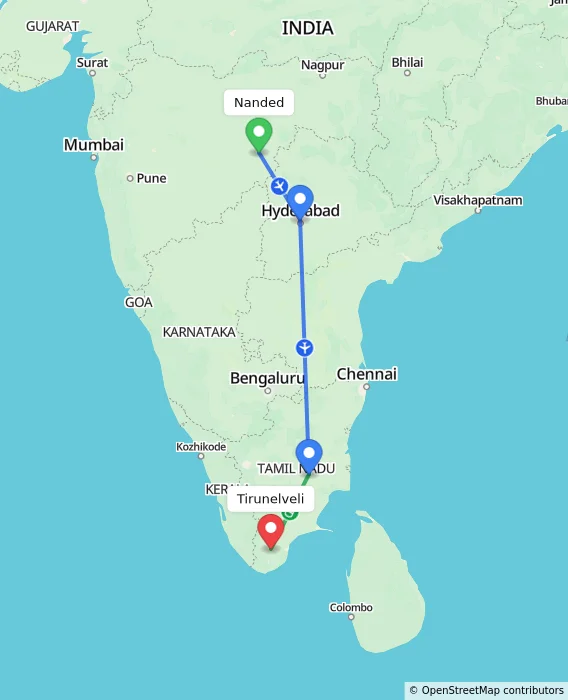Route map showing distance and travel time from Nanded, India to Tirunelveli, India