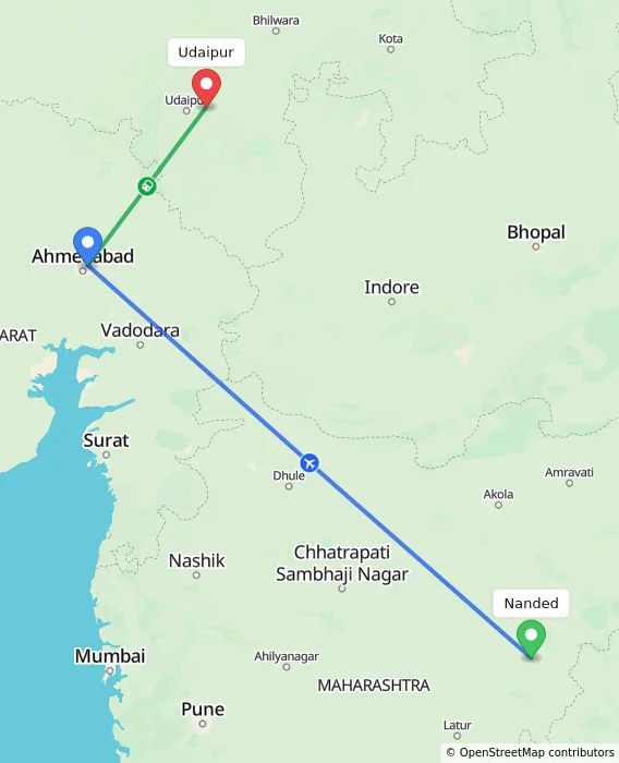 Route map showing distance and travel time from Nanded, India to Udaipur, India