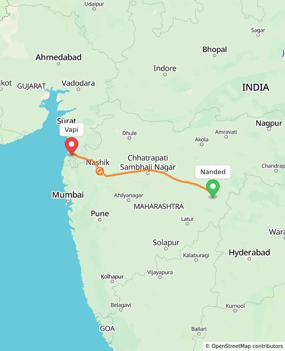 Route map showing distance and travel time from Nanded, India to Vapi, India