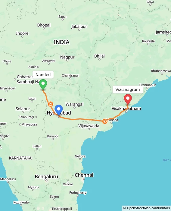 Route map showing distance and travel time from Nanded, India to Vizianagram, India