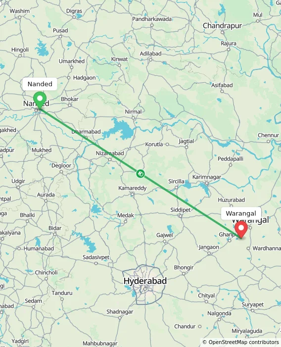 Route map showing distance and travel time from Nanded, India to Warangal, India