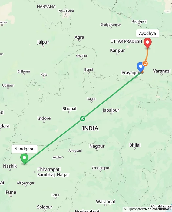 Route map showing distance and travel time from Nandgaon, India to Ayodhya, India