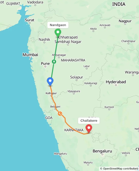 Route map showing distance and travel time from Nandgaon, India to Challakere, India