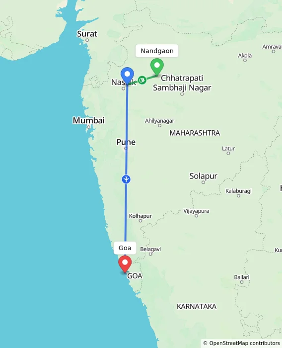 Route map showing distance and travel time from Nandgaon, India to Goa, India