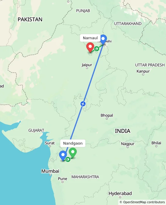 Route map showing distance and travel time from Nandgaon, India to Narnaul, India