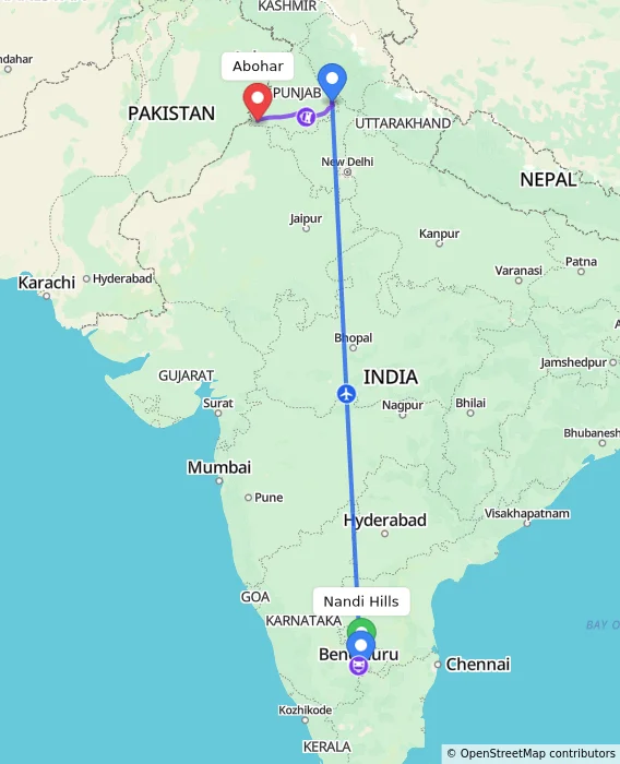 Route map showing distance and travel time from Nandi Hills, India to Abohar, India