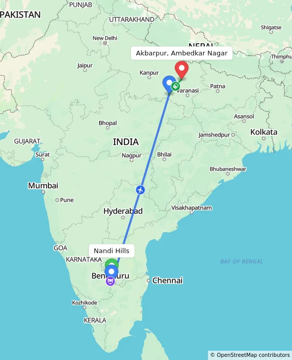 Route map showing distance and travel time from Nandi Hills, India to Akbarpur, Ambedkar Nagar, India