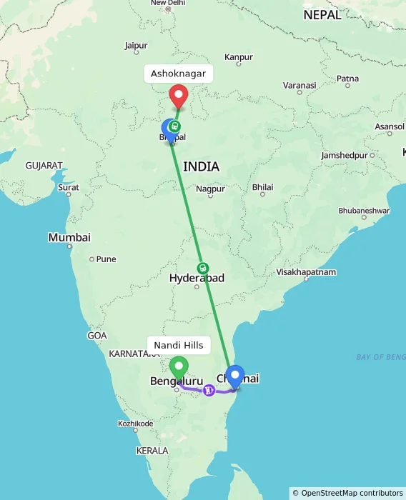 Route map showing distance and travel time from Nandi Hills, India to Ashoknagar, India