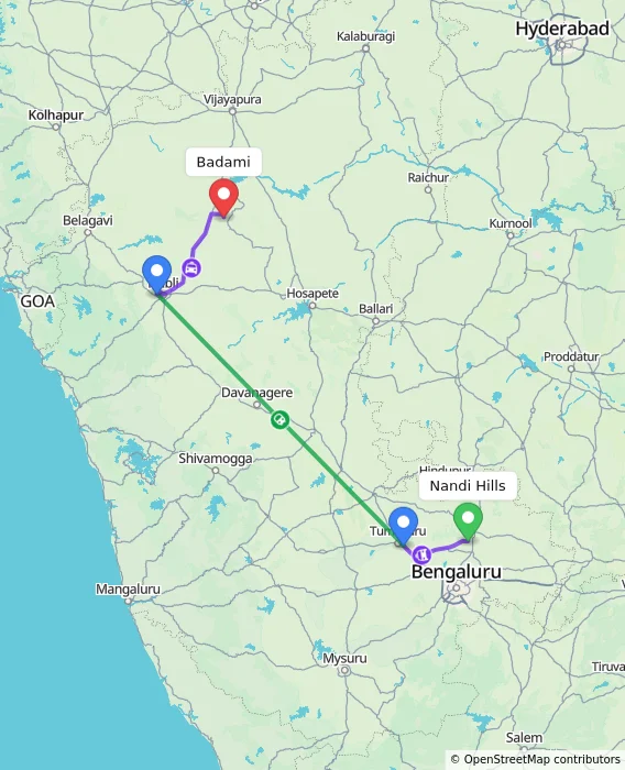 Route map showing distance and travel time from Nandi Hills, India to Badami, India