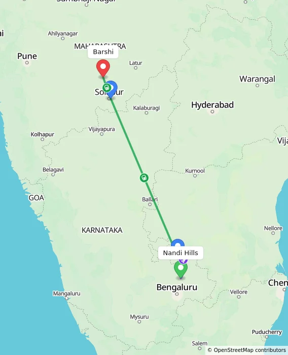 Route map showing distance and travel time from Nandi Hills, India to Barshi, India