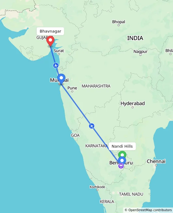 Route map showing distance and travel time from Nandi Hills, India to Bhavnagar, India