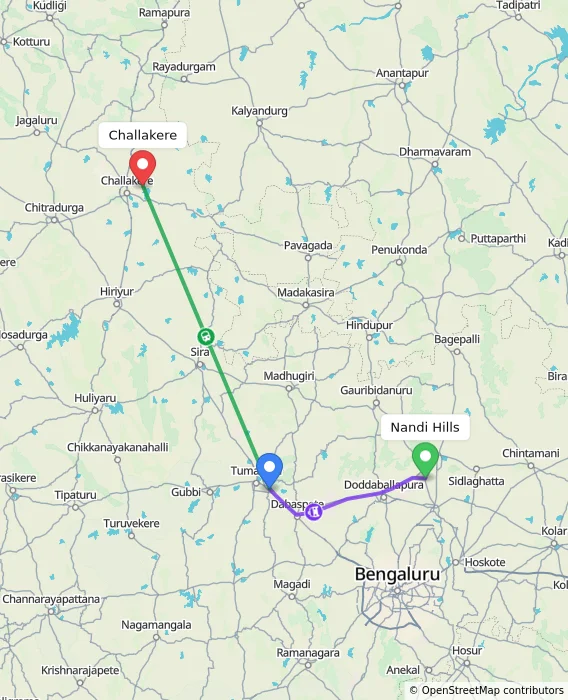 Route map showing distance and travel time from Nandi Hills, India to Challakere, India