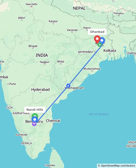 Route map showing distance and travel time from Nandi Hills, India to Dhanbad, India