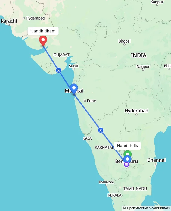 Route map showing distance and travel time from Nandi Hills, India to Gandhidham, India