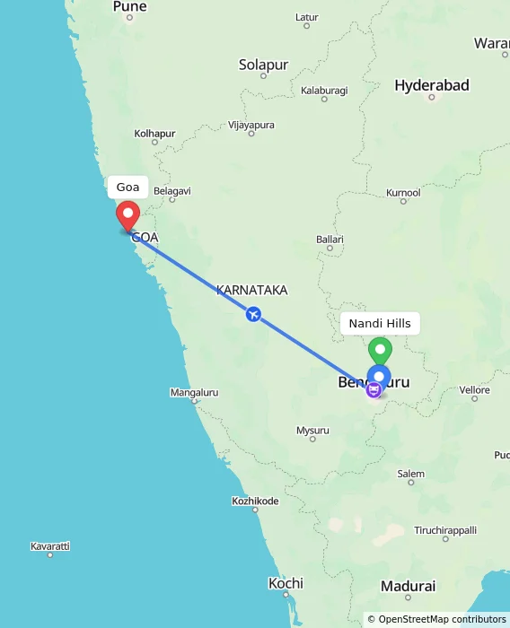 Route map showing distance and travel time from Nandi Hills, India to Goa, India