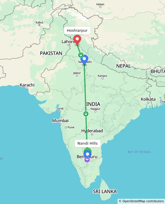Route map showing distance and travel time from Nandi Hills, India to Hoshiarpur, India