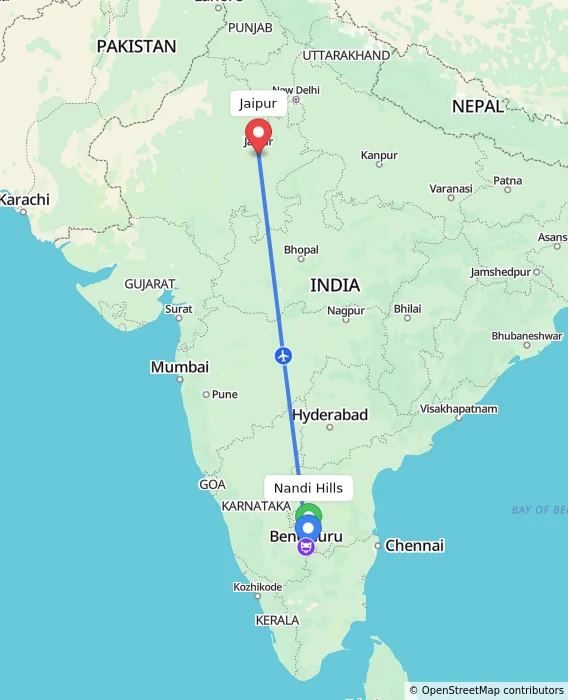 Route map showing distance and travel time from Nandi Hills, India to Jaipur, India