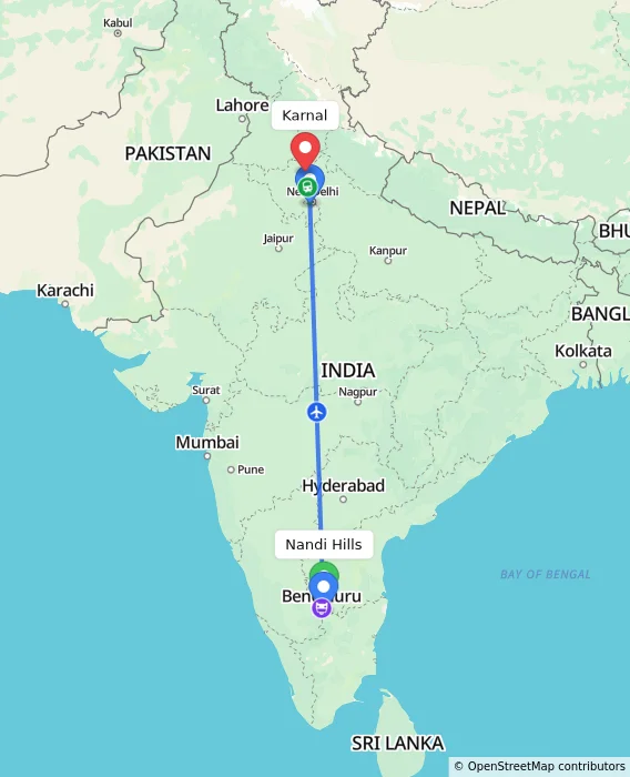 Route map showing distance and travel time from Nandi Hills, India to Karnal, India