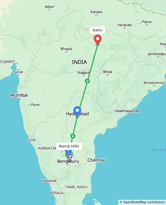 Route map showing distance and travel time from Nandi Hills, India to Katni, India