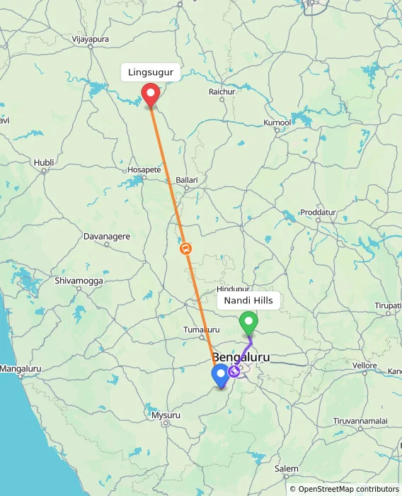 Route map showing distance and travel time from Nandi Hills, India to Lingsugur, India