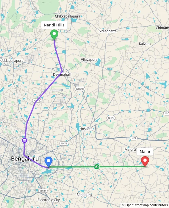 Route map showing distance and travel time from Nandi Hills, India to Malur, India