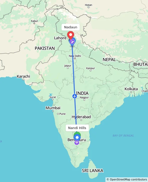 Route map showing distance and travel time from Nandi Hills, India to Nadaun, India