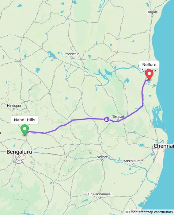Route map showing distance and travel time from Nandi Hills, India to Nellore, India