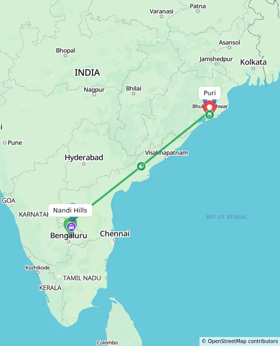 Route map showing distance and travel time from Nandi Hills, India to Puri, India