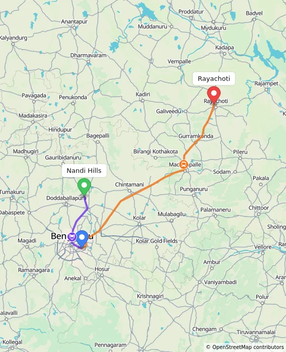 Route map showing distance and travel time from Nandi Hills, India to Rayachoti, India
