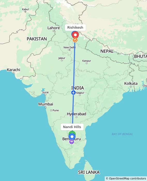 Route map showing distance and travel time from Nandi Hills, India to Rishikesh, India