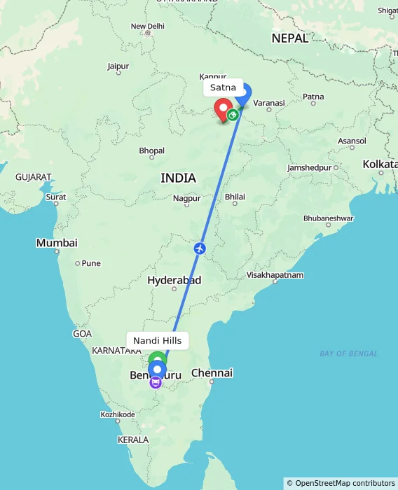Route map showing distance and travel time from Nandi Hills, India to Satna, India