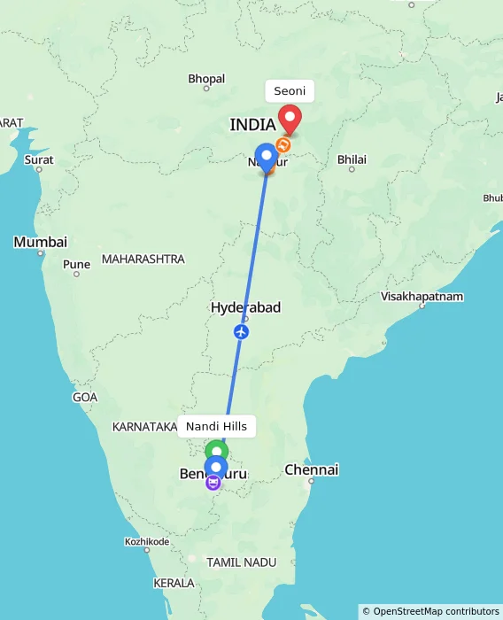Route map showing distance and travel time from Nandi Hills, India to Seoni, India