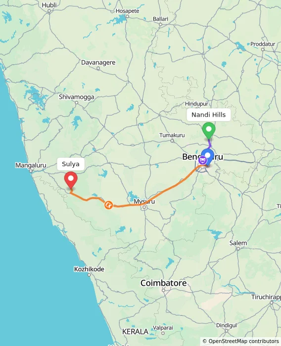 Route map showing distance and travel time from Nandi Hills, India to Sulya, India