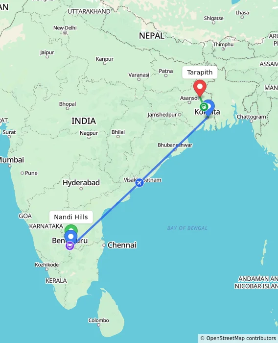 Route map showing distance and travel time from Nandi Hills, India to Tarapith, India