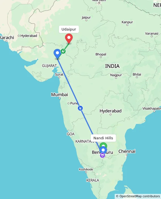 Route map showing distance and travel time from Nandi Hills, India to Udaipur, India