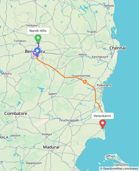 Route map showing distance and travel time from Nandi Hills, India to Velankanni, India