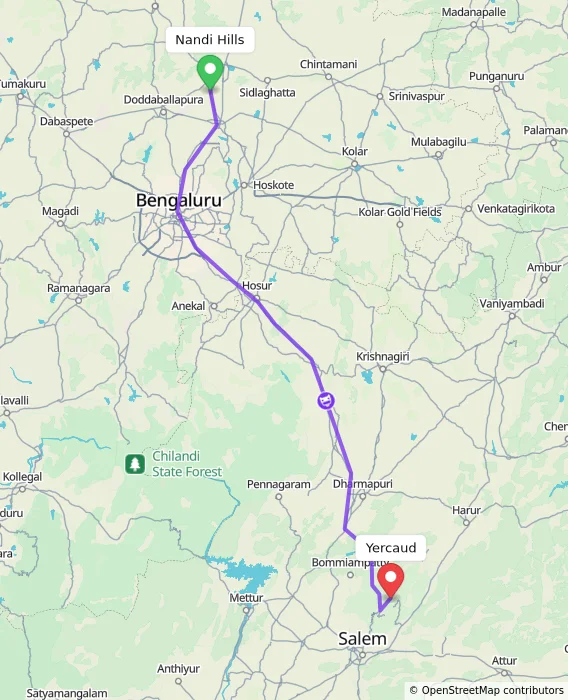 Route map showing distance and travel time from Nandi Hills, India to Yercaud, India